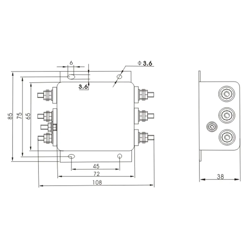 DAC1 3 PHASE EMI FILTER Screw Terminal Overall Dimension
